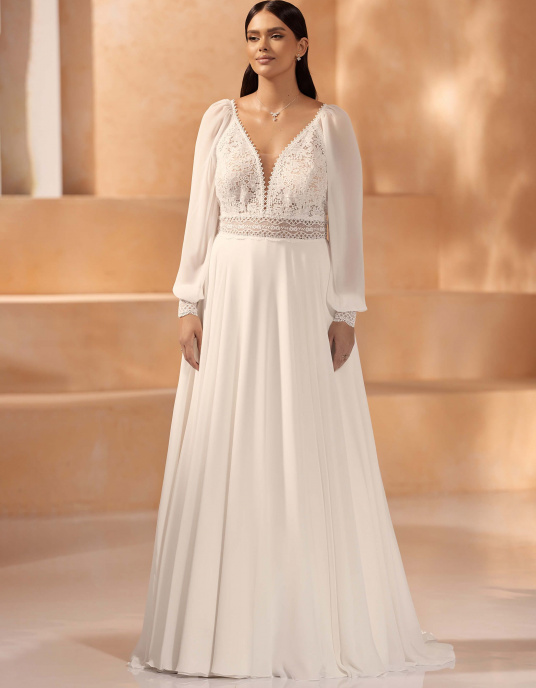 Robes de mariées  BIANCO EVENTO URSULA - Robe de mariée coupe A en mousseline et dentelle délicate 