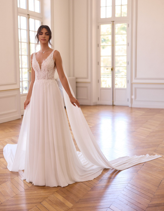 Robes de mariées  BIANCO EVENTO ADAN - Robe de mariée coupe trapèze en dentelle et mousseline 