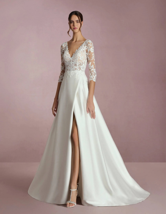 Robes de mariées  White one EDO Robe de mariée coupe A-line avec décolleté en V, manches trois-quarts et ouverture dans le dos en mikado 